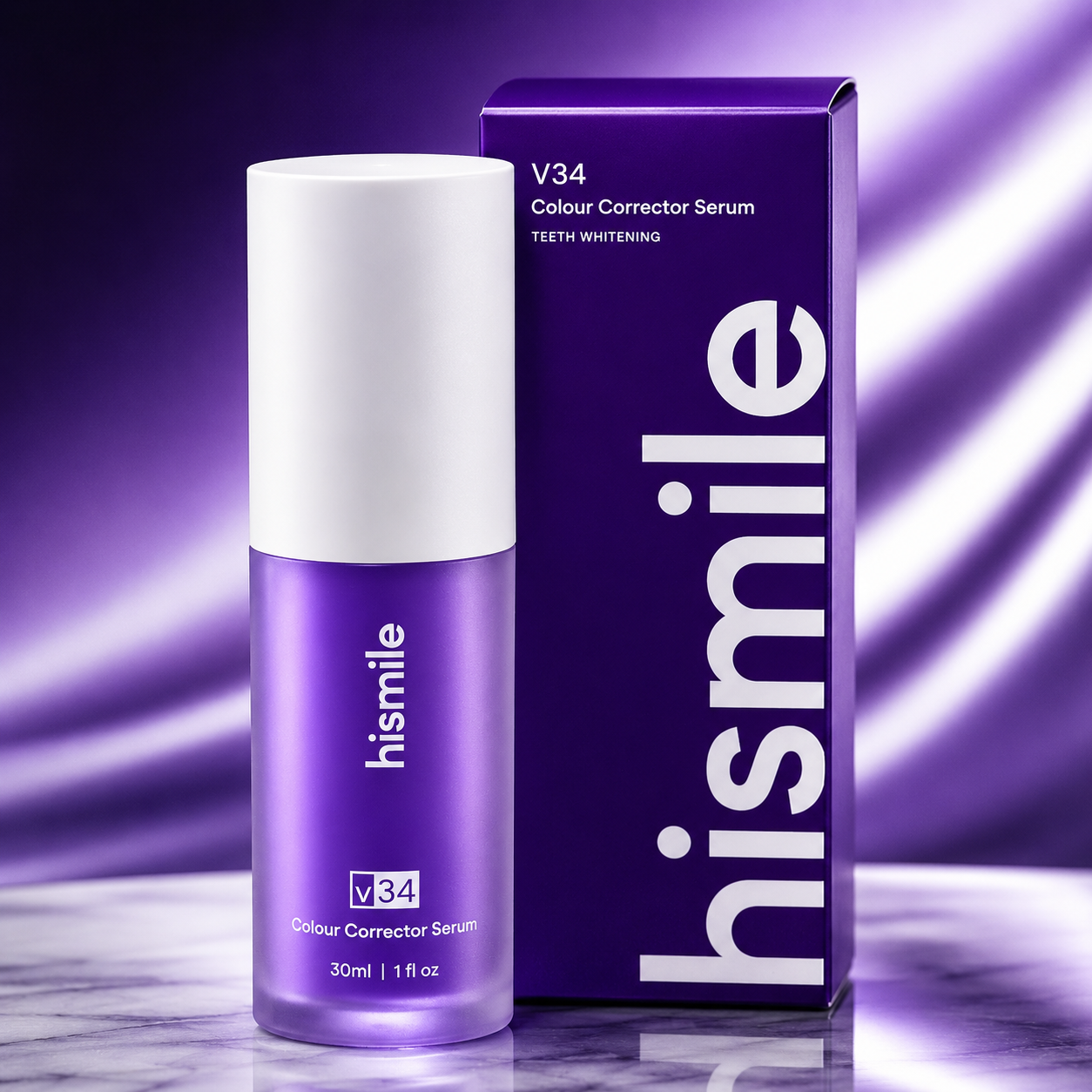 Hismile V34 Colour Corrector Serum bottle for teeth whitening