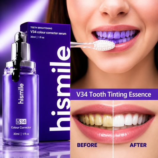 Hismile V34 purple colour corrector serum applied to toothbrush